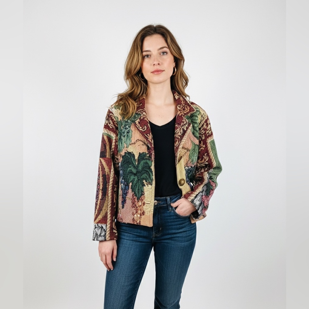 Vintage Paco Solér Tapestry Jacket - Artwear Landscape & Grapes Scene - Size S/M